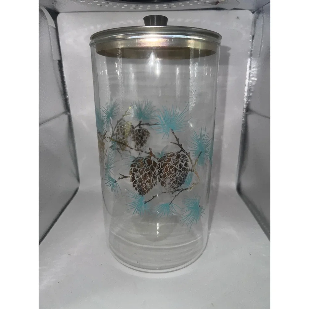 Vtg Mid Century Glass Libbey Canister Teal Pinecone Gold Pine Motif Metallic Lid